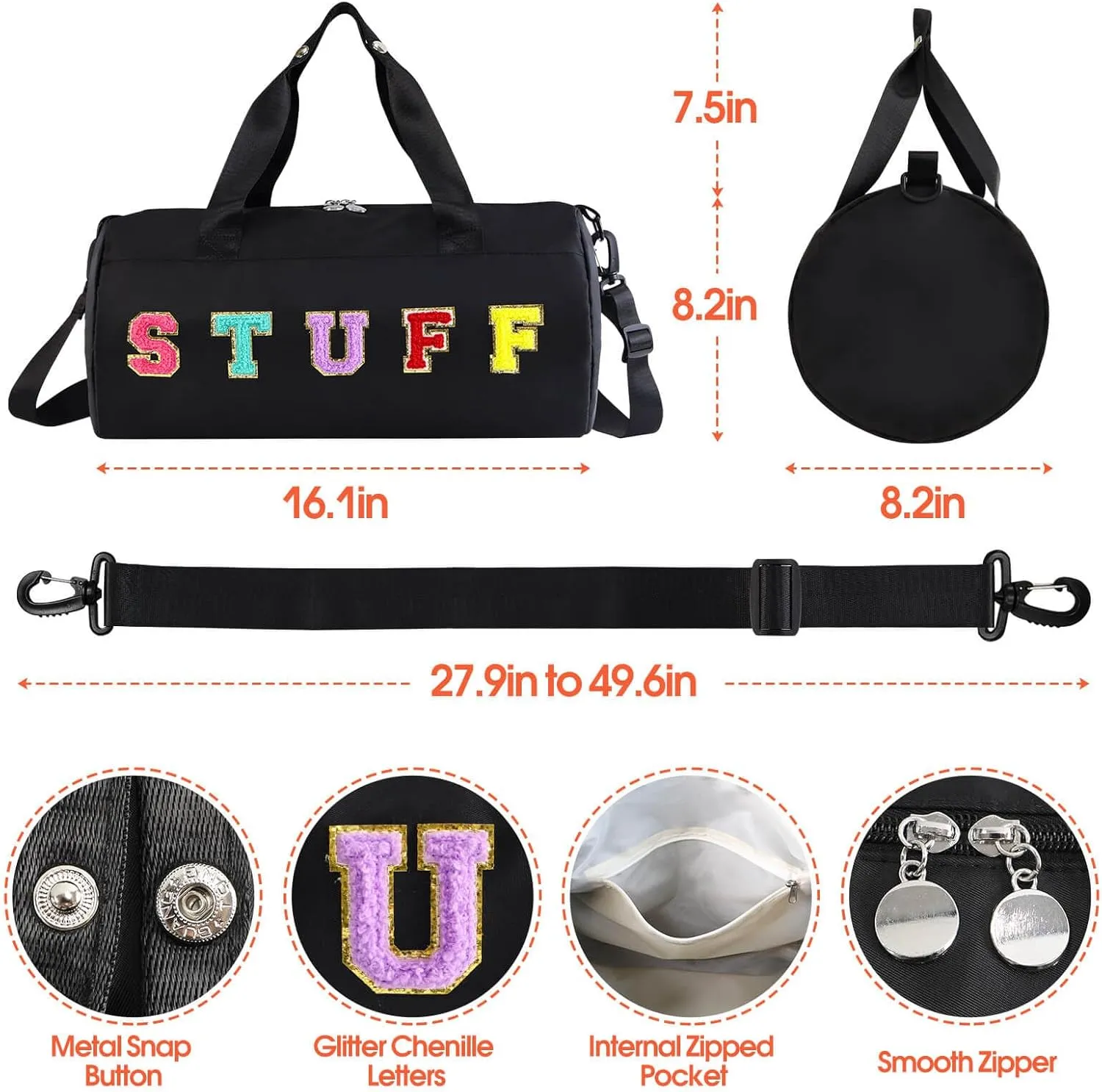 Chenille Letter Stuff Tote Bag 16 Inch, Small Gym Duffle Bag for Travel Dance Sports Workout Camping, Carry On Cheer Ballet Overnight Weekender Bags Birthday Gifts for Girls Kids Teens Women - Black