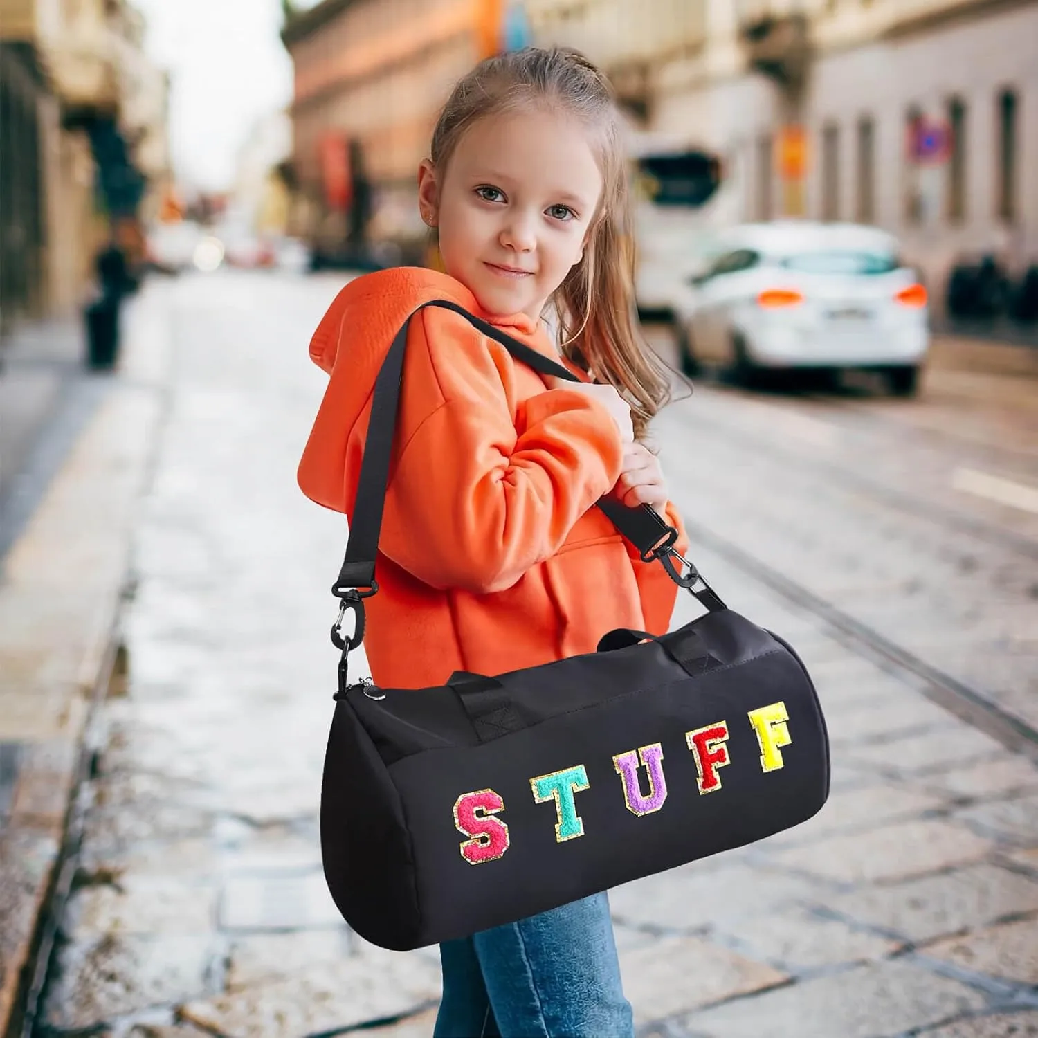 Chenille Letter Stuff Tote Bag 16 Inch, Small Gym Duffle Bag for Travel Dance Sports Workout Camping, Carry On Cheer Ballet Overnight Weekender Bags Birthday Gifts for Girls Kids Teens Women - Black