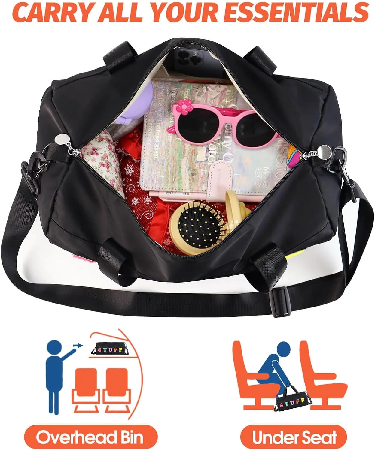 Chenille Letter Stuff Tote Bag 16 Inch, Small Gym Duffle Bag for Travel Dance Sports Workout Camping, Carry On Cheer Ballet Overnight Weekender Bags Birthday Gifts for Girls Kids Teens Women - Black