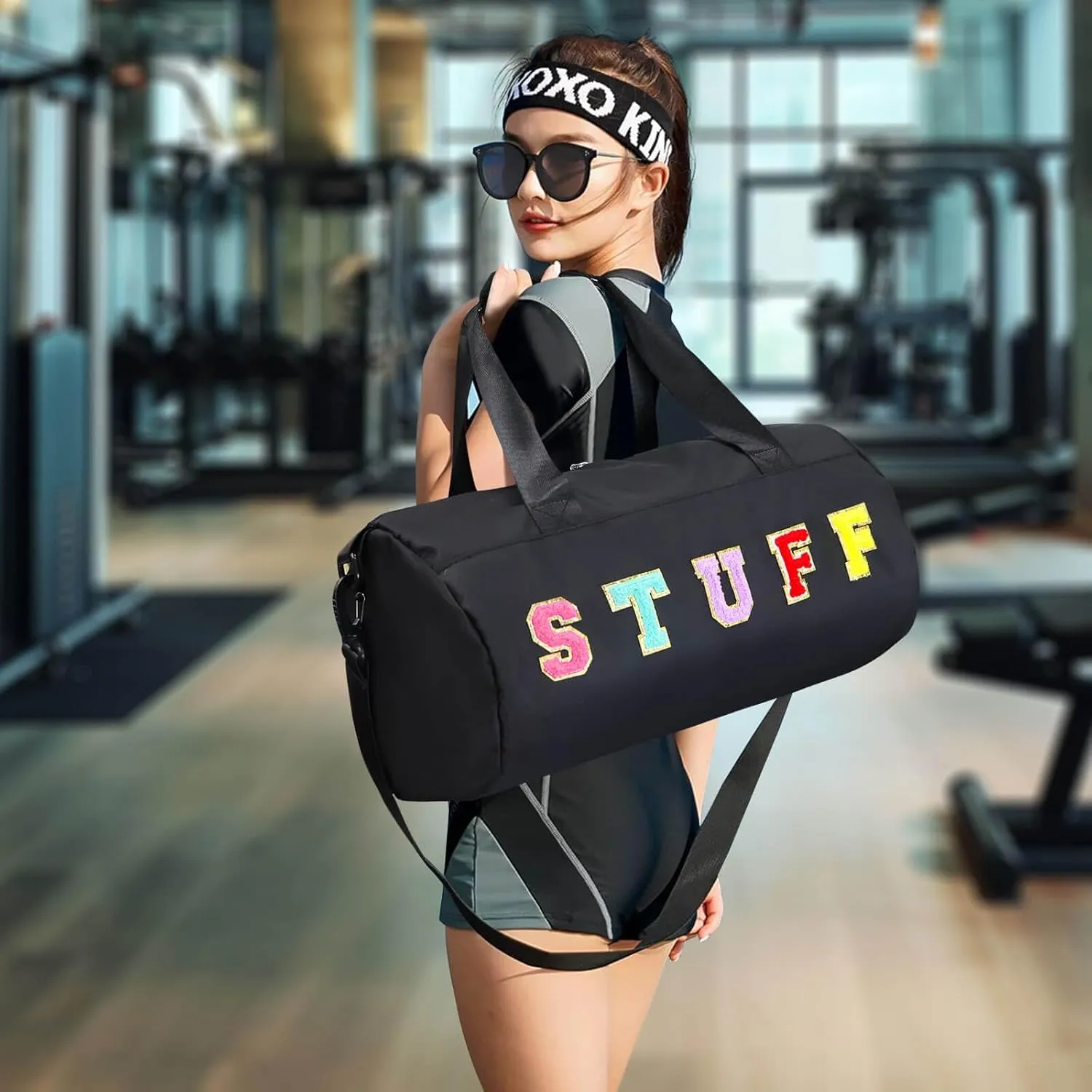Chenille Letter Stuff Tote Bag 16 Inch, Small Gym Duffle Bag for Travel Dance Sports Workout Camping, Carry On Cheer Ballet Overnight Weekender Bags Birthday Gifts for Girls Kids Teens Women - Black