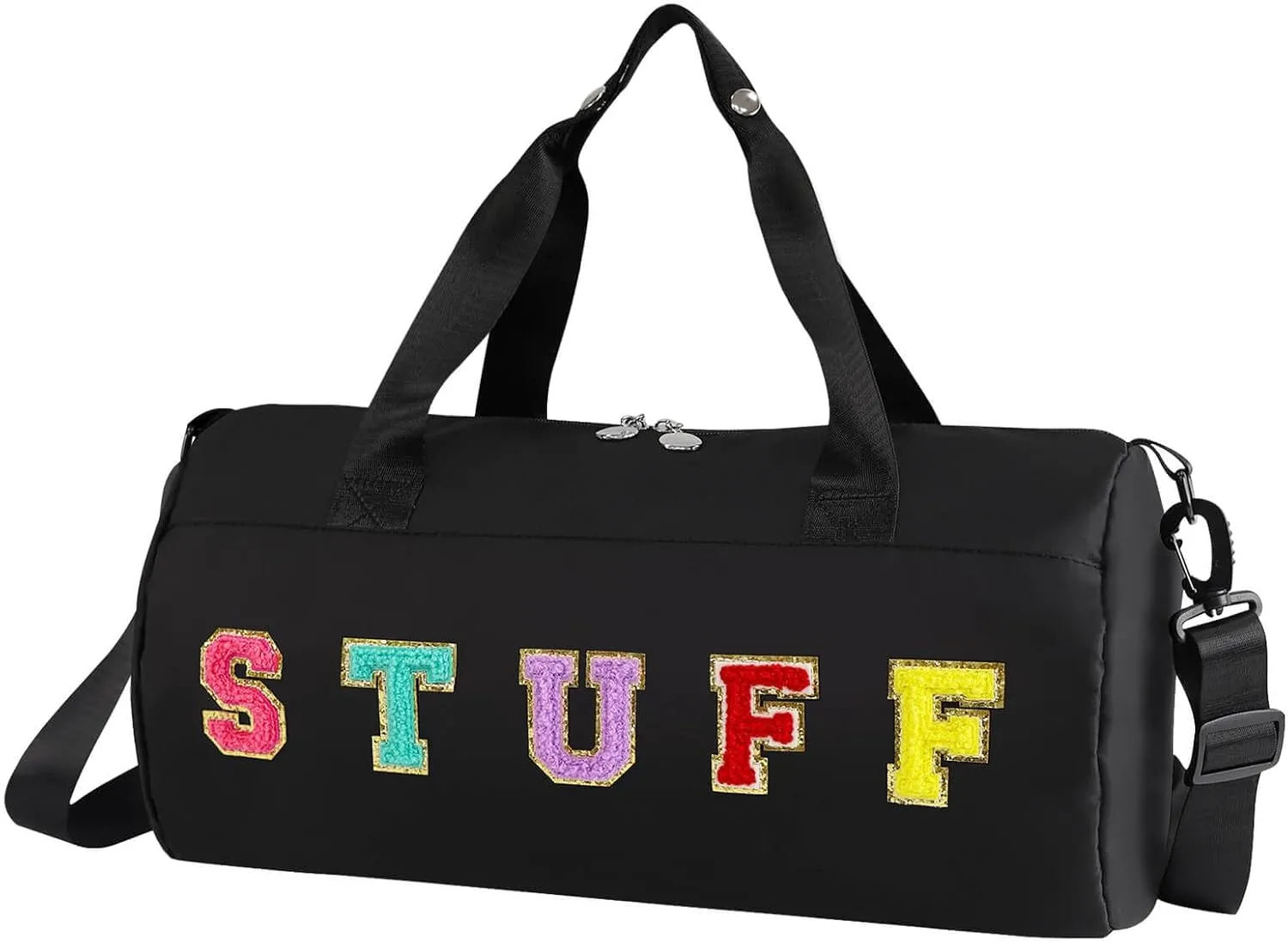 Chenille Letter Stuff Tote Bag 16 Inch, Small Gym Duffle Bag for Travel Dance Sports Workout Camping, Carry On Cheer Ballet Overnight Weekender Bags Birthday Gifts for Girls Kids Teens Women - Black