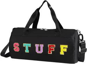 Chenille Letter Stuff Tote Bag 16 Inch, Small Gym Duffle Bag for Travel Dance Sports Workout Camping, Carry On Cheer Ballet Overnight Weekender Bags Birthday Gifts for Girls Kids Teens Women - Black