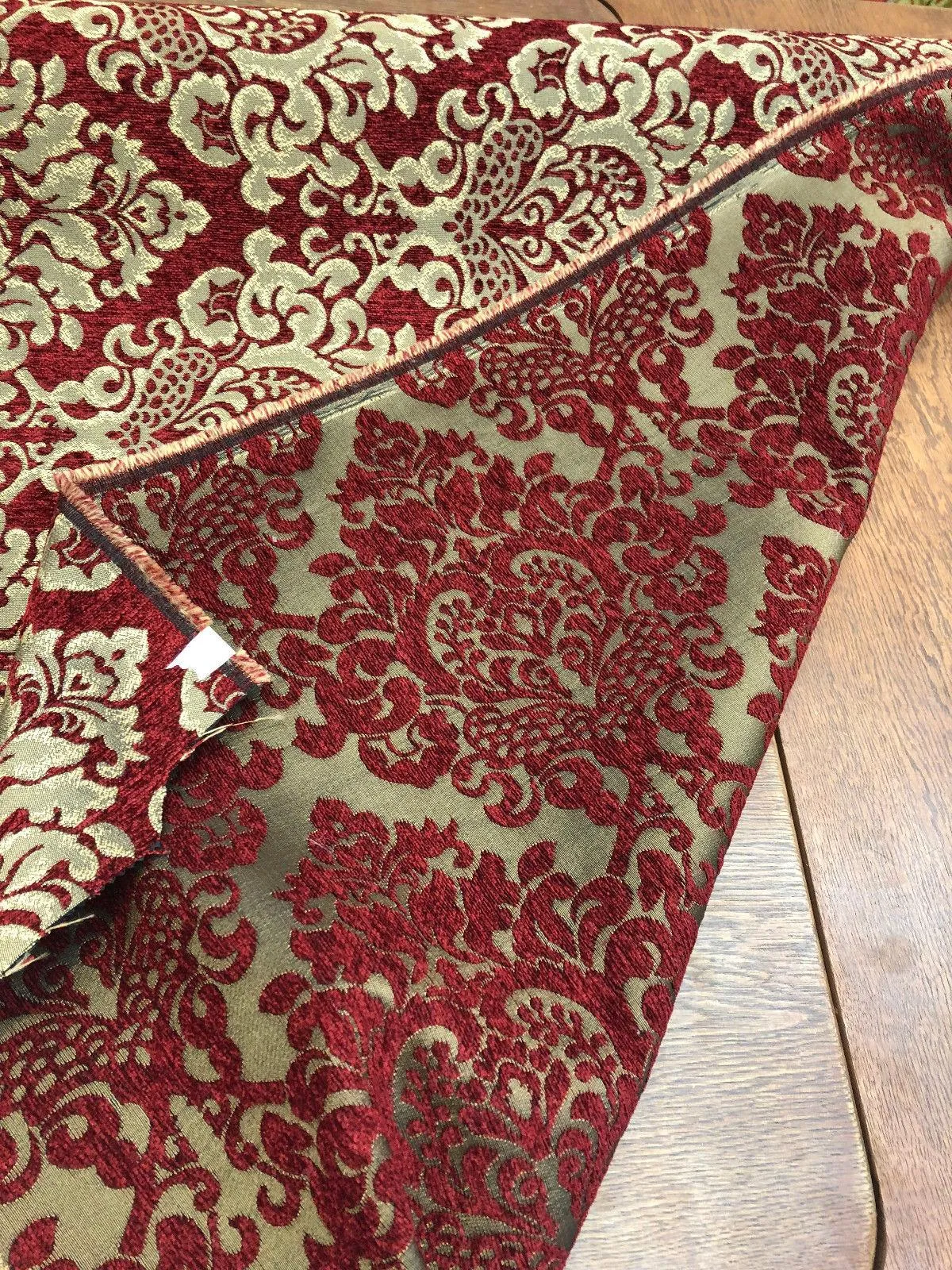 Chenille Upholstery Damask Ruby Red Gold Print Cleopatra  fabric By The Yard
