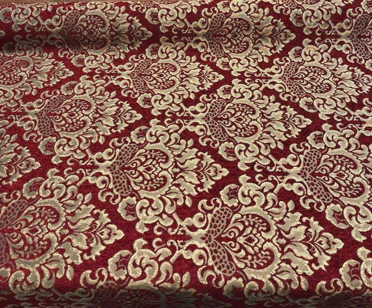 Chenille Upholstery Damask Ruby Red Gold Print Cleopatra  fabric By The Yard