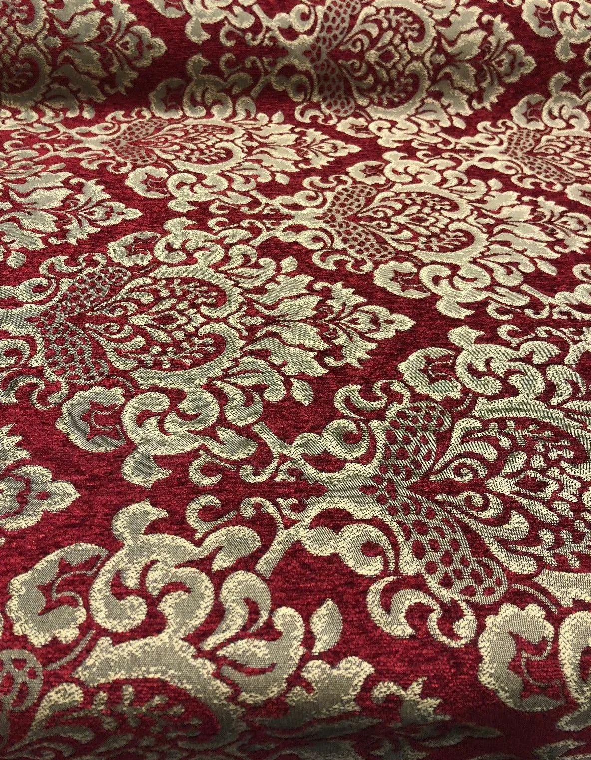 Chenille Upholstery Damask Ruby Red Gold Print Cleopatra  fabric By The Yard