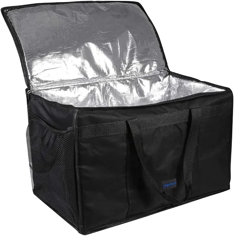 cherrboll Insulated Food Delivery Bag with Side Pockets, Thick Insulation, Commercial Thermal Carrier for Restaurant Catering or Food Transport - 23" x 14" x 15"