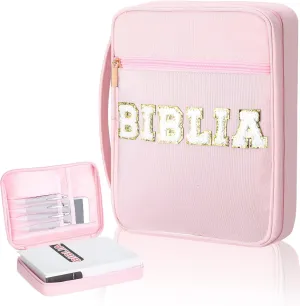 Christmas Spanish Christian Gift Biblia Cover with Handles Bible Study Supplies Spanish Bible Bag Case for Women Pink Chenille Letter Bags Christmas Religious Gift for Women