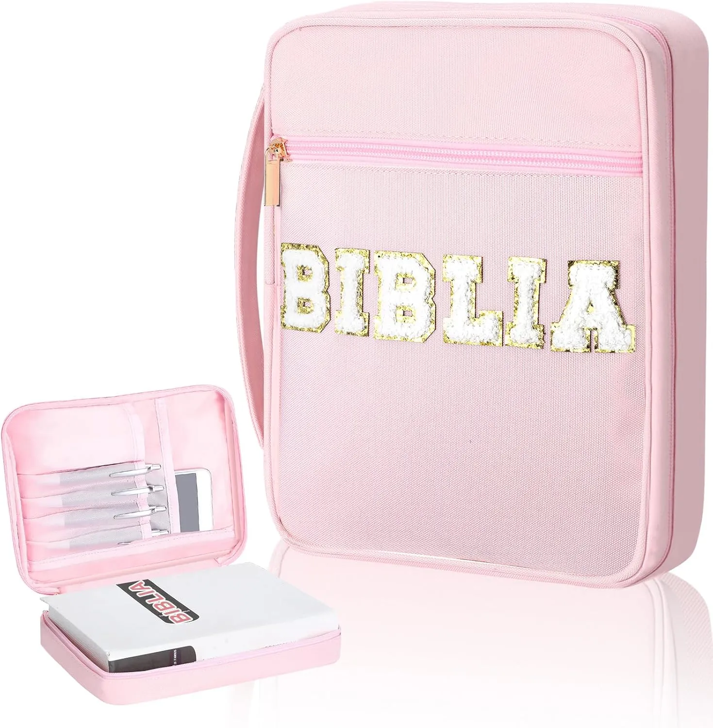 Christmas Spanish Christian Gift Biblia Cover with Handles Bible Study Supplies Spanish Bible Bag Case for Women Pink Chenille Letter Bags Christmas Religious Gift for Women