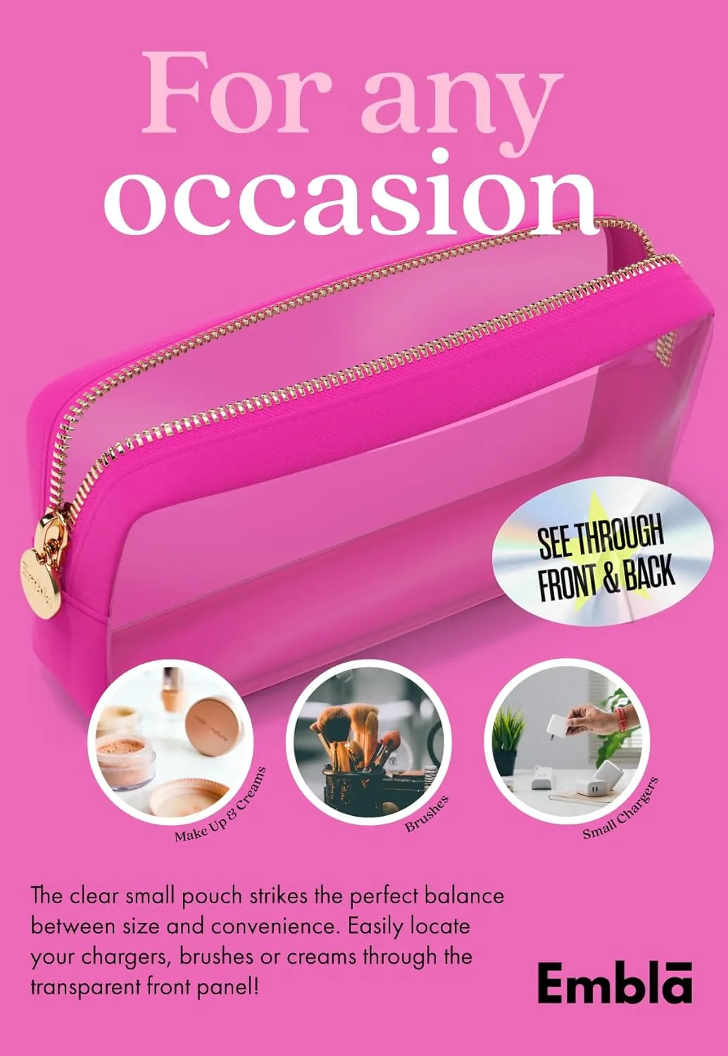 Clear Makeup Bag Zipper Pouch, Transparent Cosmetic Case Organizer, TSA Approved Travel Toiletry Case, Travel Accessories Essentials Makeup Tote for Women, Small Cute Make up Bag for Purse - Fuchsia