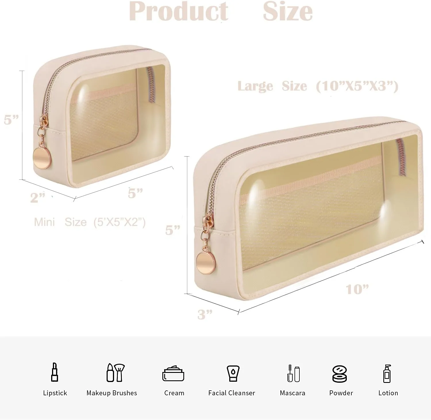 Clear Makeup Bags Set,Clear Toiletry Bags,Initial Clear Purse,Personalized Clear Gift Bags,Make Up Pouches,Tsa Approved Clear Organizer,Gifts Women (Plain, Pearl White (2 Mini 1 Large))