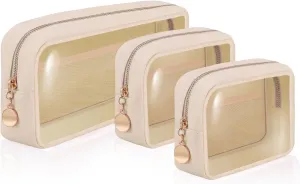 Clear Makeup Bags Set,Clear Toiletry Bags,Initial Clear Purse,Personalized Clear Gift Bags,Make Up Pouches,Tsa Approved Clear Organizer,Gifts Women (Plain, Pearl White (2 Mini 1 Large))
