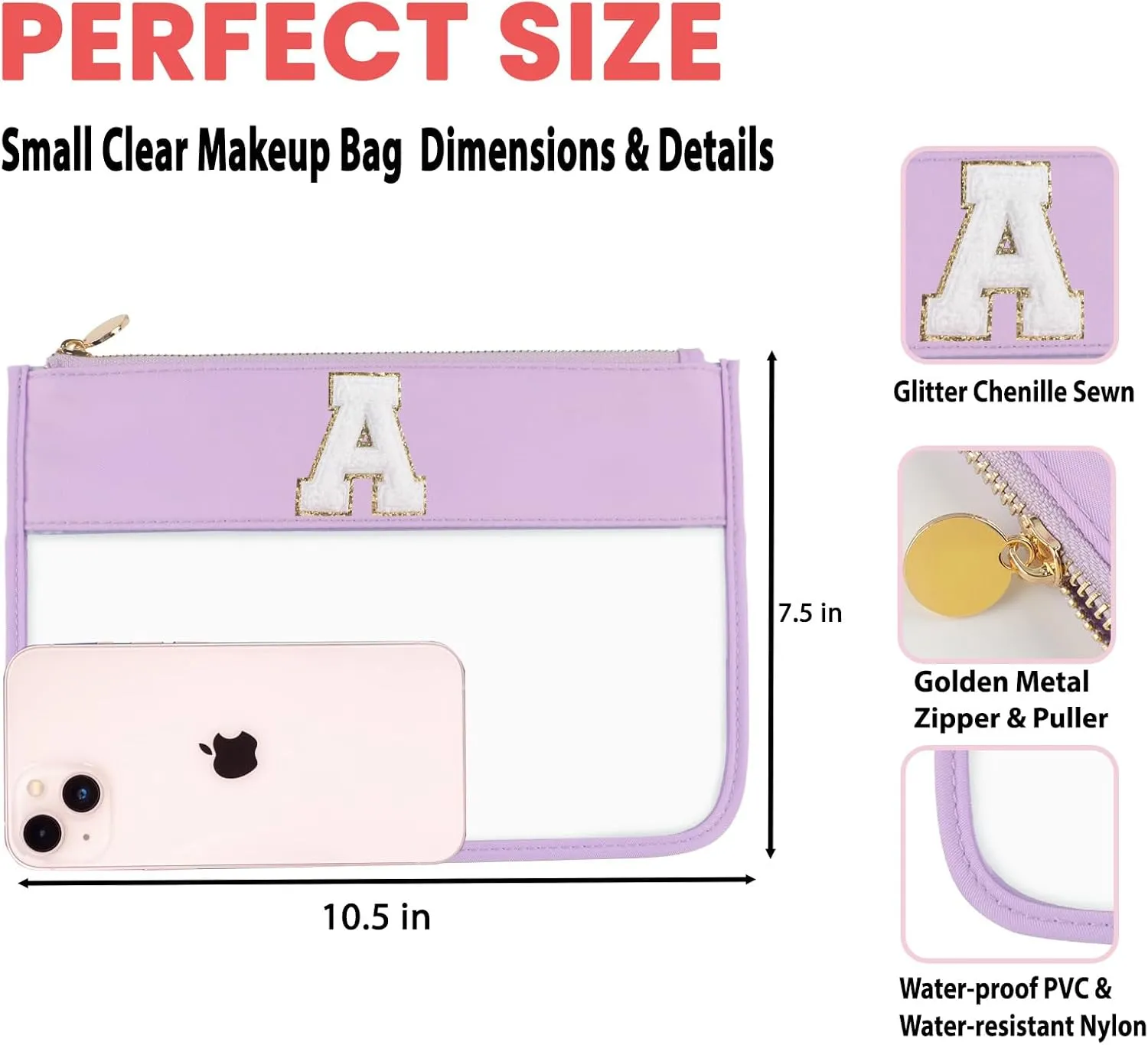 Clear Makeup Set 2pcs Glitter Chenille Monogram Snacks Travel Essentials Flat Zipper Pouch Cosmetic Brush Bag for Women (Lilac- A)