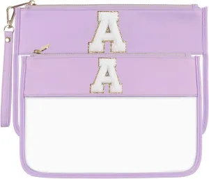 Clear Makeup Set 2pcs Glitter Chenille Monogram Snacks Travel Essentials Flat Zipper Pouch Cosmetic Brush Bag for Women (Lilac- A)