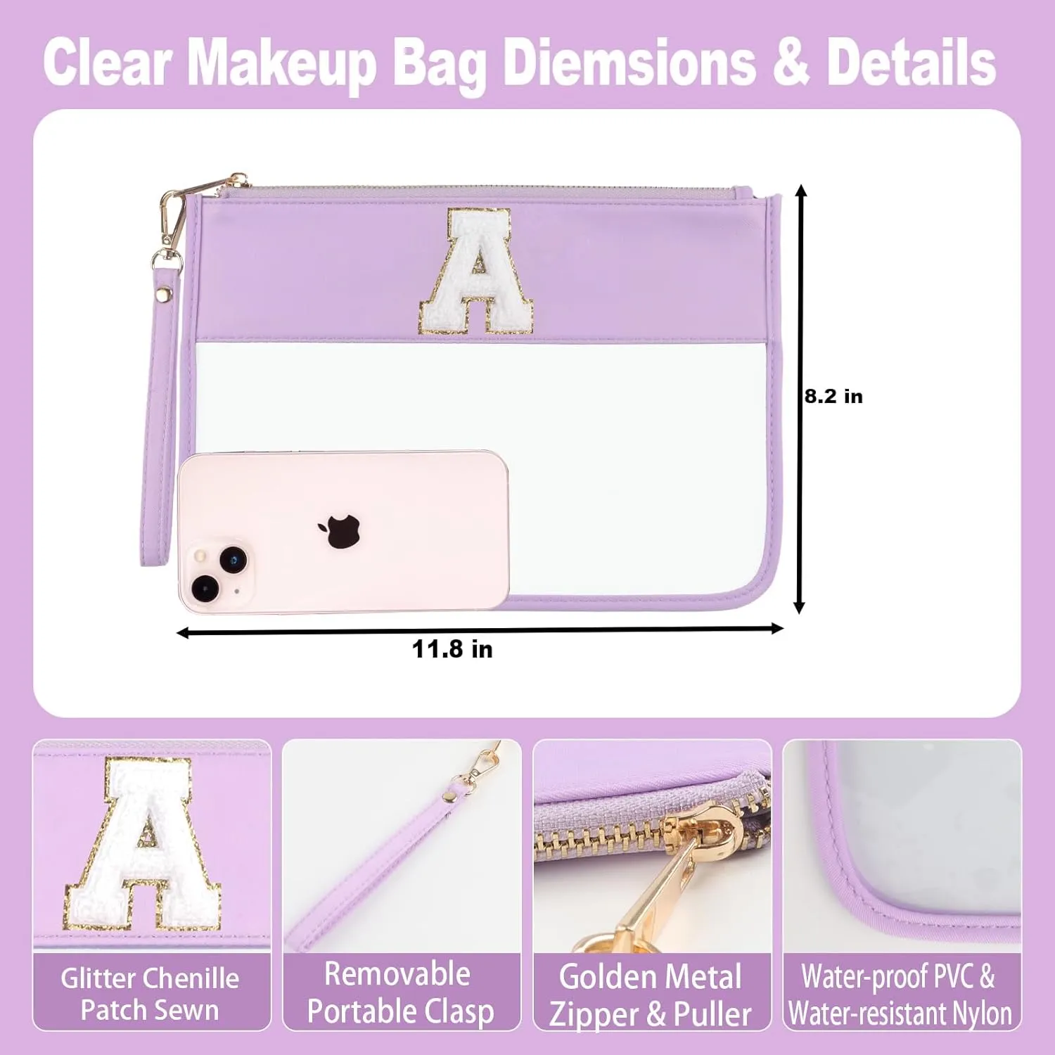 Clear Makeup Set 2pcs Glitter Chenille Monogram Snacks Travel Essentials Flat Zipper Pouch Cosmetic Brush Bag for Women (Lilac- A)
