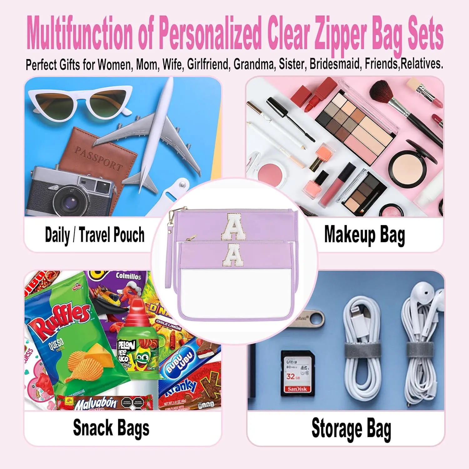 Clear Makeup Set 2pcs Glitter Chenille Monogram Snacks Travel Essentials Flat Zipper Pouch Cosmetic Brush Bag for Women (Lilac- A)