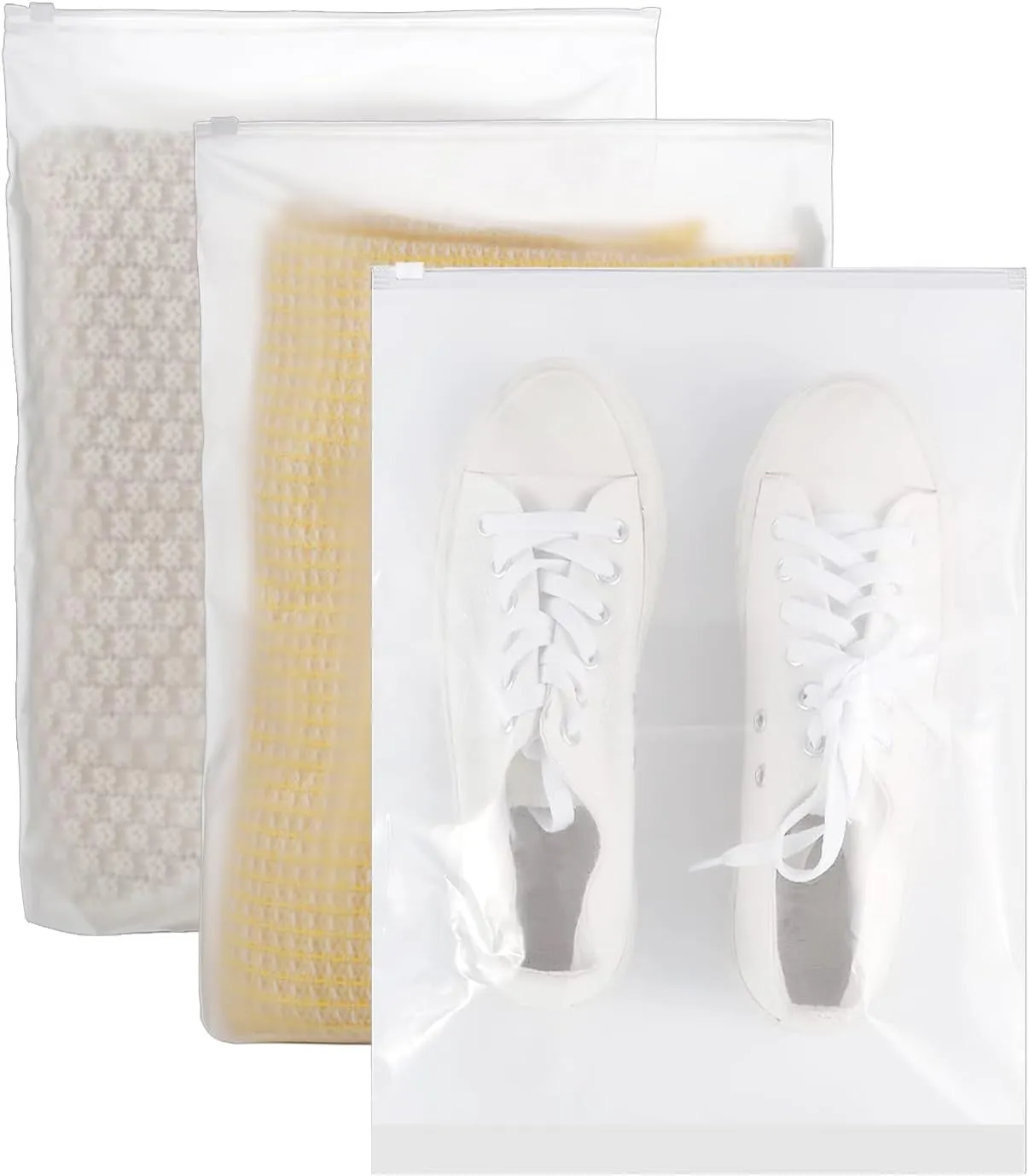Clothes Packaging Bags, 100pcs Resealable Frosted Zipper Plastic Bags for Shipping, Storage, T-Shirt, Shirt, Toys, Documents, 3 Mils with Vent Holes, Travel Space Saver