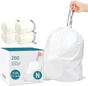 Code N (200 Count) Heavy Duty 1.2 Mil THICK Drawstring Plastic Trash Bags 12-13 Gallon Reliable1st Custom Fit Compatible with simpleman Strong White Drawstring Garbage Liners 12-13 Gallon/45-50 Liter