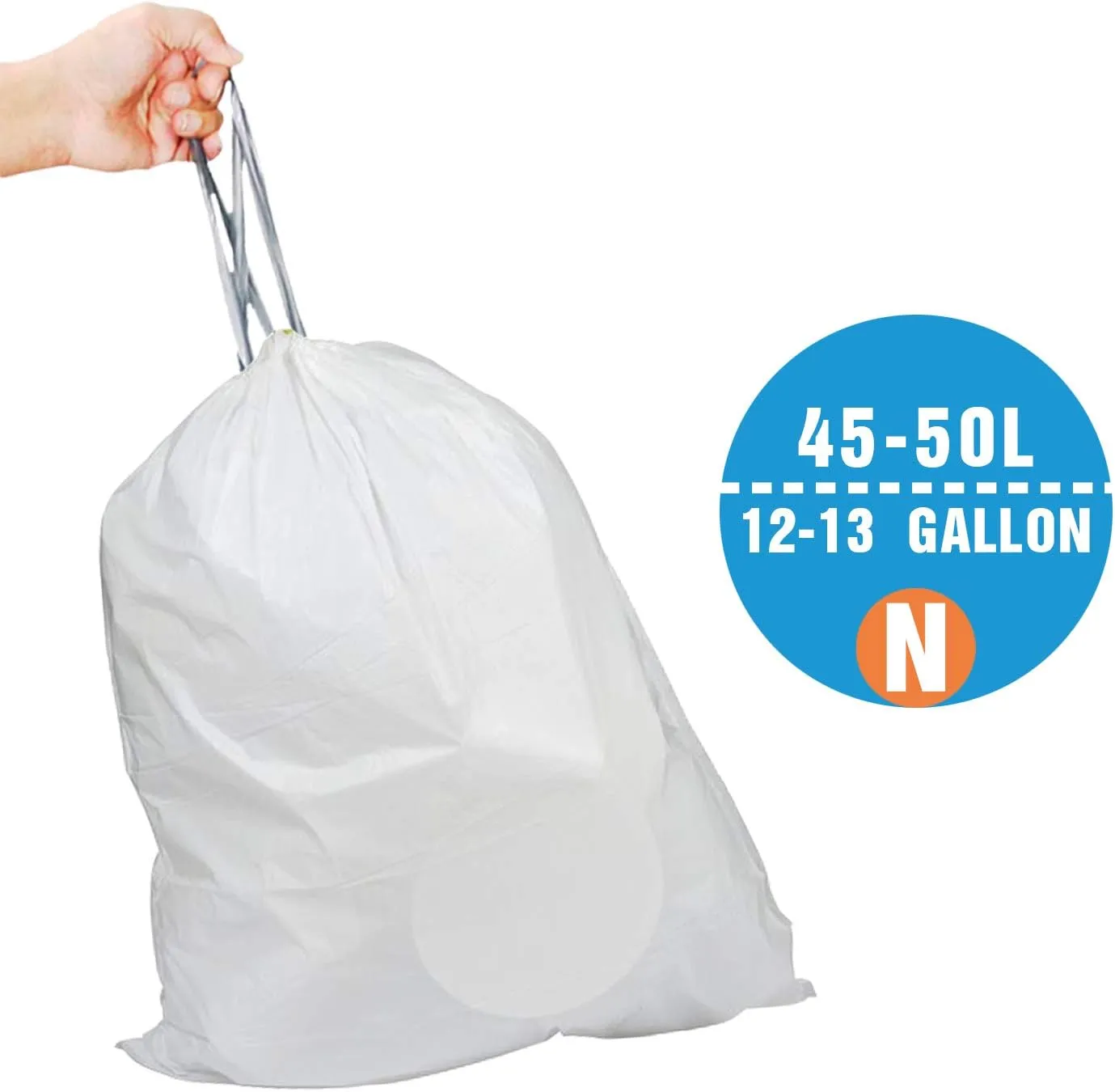 Code N (200 Count) Heavy Duty 1.2 Mil THICK Drawstring Plastic Trash Bags 12-13 Gallon Reliable1st Custom Fit Compatible with simpleman Strong White Drawstring Garbage Liners 12-13 Gallon/45-50 Liter
