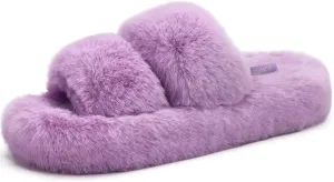 COFACE Womens House Slippers Woman Fuzzy Fluff Indoor Slipper Ladies Furry Fur Bedroom Slip On Slipers Women’s Home Winter Open Toe Plush Shearling Slide Size 5-11