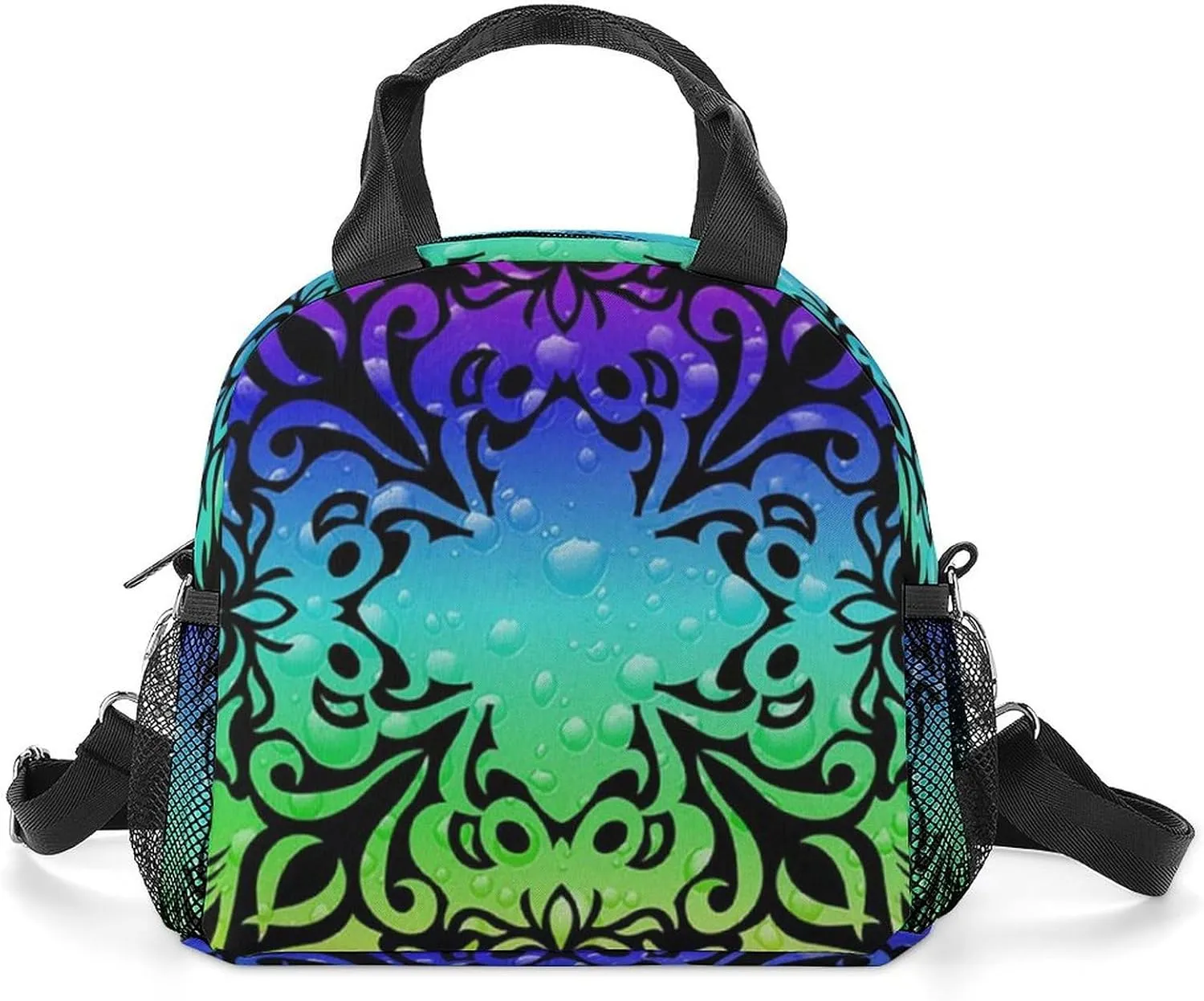 Colorful Ethnic Flowers Portable Lunch Box Crossbody Bag Tote Insulated with Adjustable Strap Work Beach Picnic