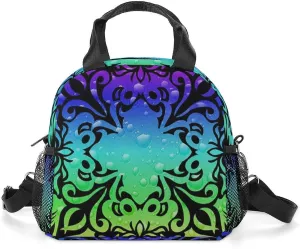 Colorful Ethnic Flowers Portable Lunch Box Crossbody Bag Tote Insulated with Adjustable Strap Work Beach Picnic