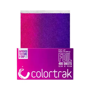 Colortrak Pink/Purple Gradient Pop-up Foil w/Dispenser (400 Count), Pre-cut Sheets, Non-Slip Embossed Texture, 5" x 10.75" Sheets for Hair Foil Coloring and Highlighting Sheet Applications