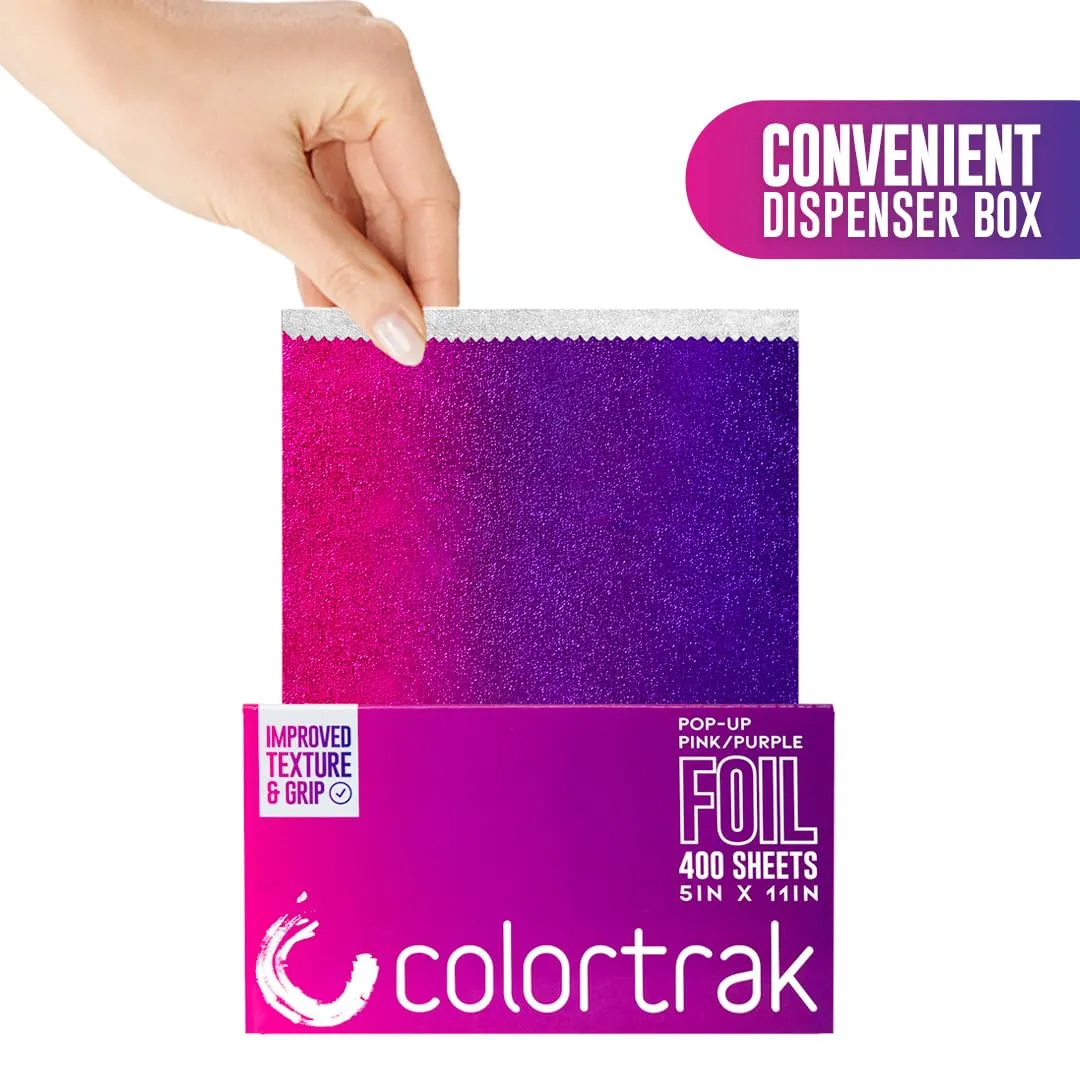 Colortrak Pink/Purple Gradient Pop-up Foil w/Dispenser (400 Count), Pre-cut Sheets, Non-Slip Embossed Texture, 5" x 10.75" Sheets for Hair Foil Coloring and Highlighting Sheet Applications