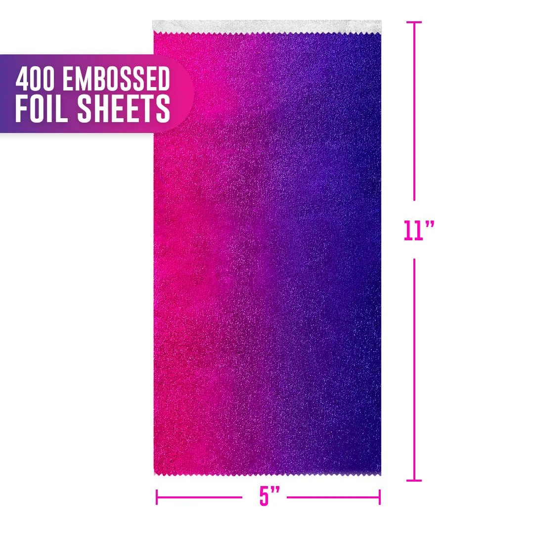 Colortrak Pink/Purple Gradient Pop-up Foil w/Dispenser (400 Count), Pre-cut Sheets, Non-Slip Embossed Texture, 5" x 10.75" Sheets for Hair Foil Coloring and Highlighting Sheet Applications