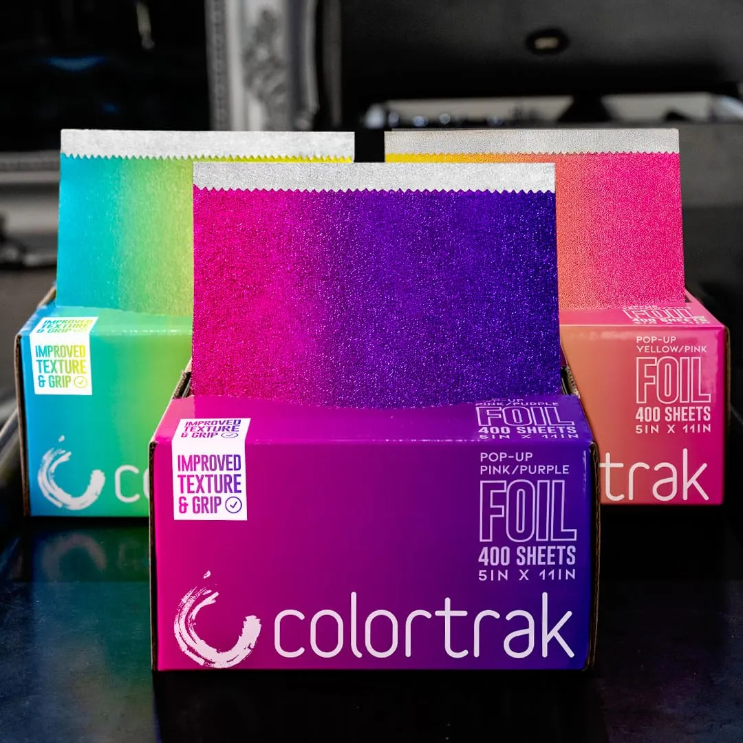 Colortrak Pink/Purple Gradient Pop-up Foil w/Dispenser (400 Count), Pre-cut Sheets, Non-Slip Embossed Texture, 5" x 10.75" Sheets for Hair Foil Coloring and Highlighting Sheet Applications