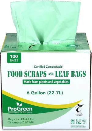 Compostable Trash Bags, Extra Thick, Compost Kitchen Bin Bags, Food Scraps Yard Waste Bags, ASTM D6400 BPI and TÜV AUSTRIA Certified (6 Gallon, Pack of 100)