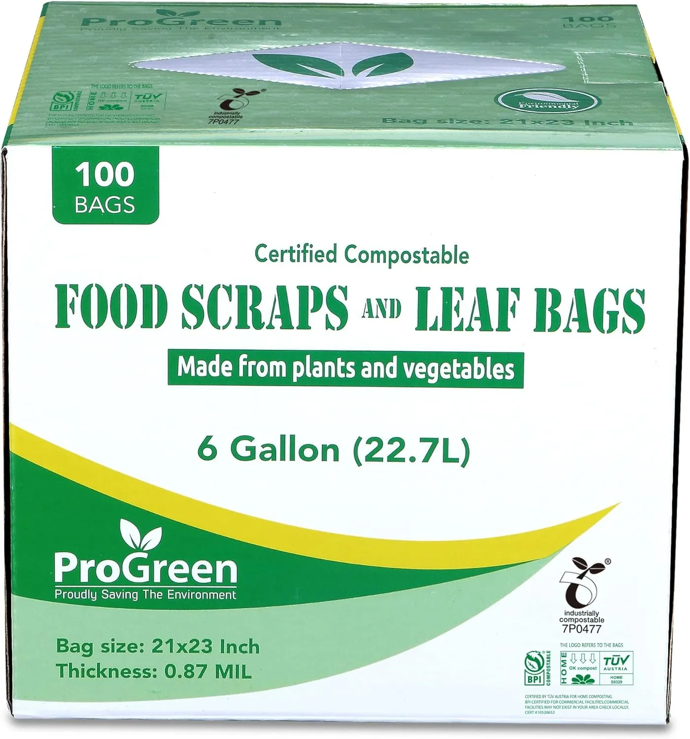 Compostable Trash Bags, Extra Thick, Compost Kitchen Bin Bags, Food Scraps Yard Waste Bags, ASTM D6400 BPI and TÜV AUSTRIA Certified (6 Gallon, Pack of 100)