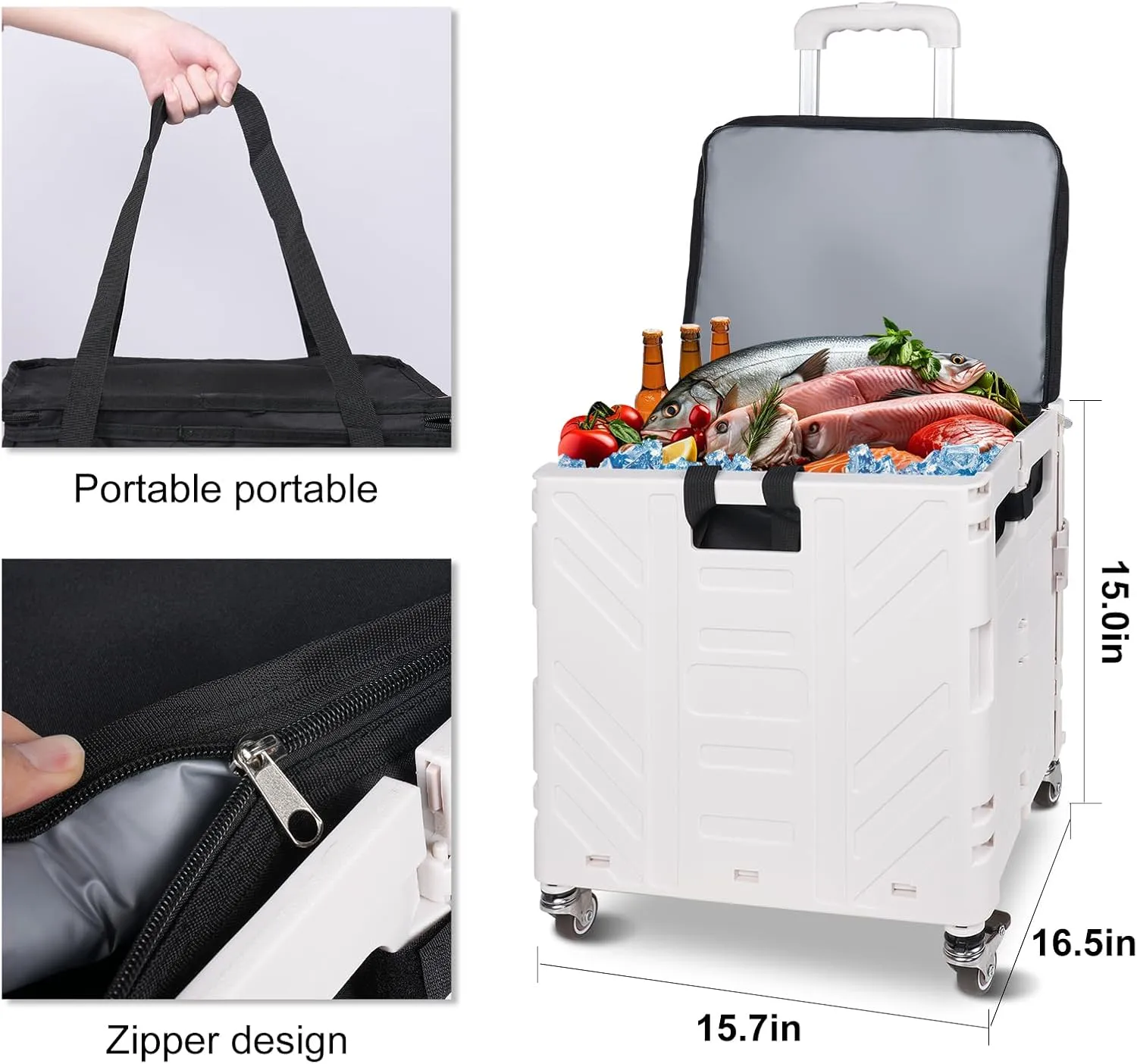 Cooler Bag Wheeled，Large Insulated Rolling Cooler Collapsible Leakproof Portable Hard Framed Ice Packs for Camping Picnic Beach Travel