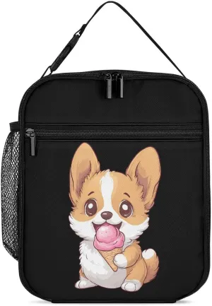 Corgi Puppy Eating Ice-cream Lunch Bag for Men Women Small Reusable Leakproof Insulated Lunch Box Adjustable Handbag