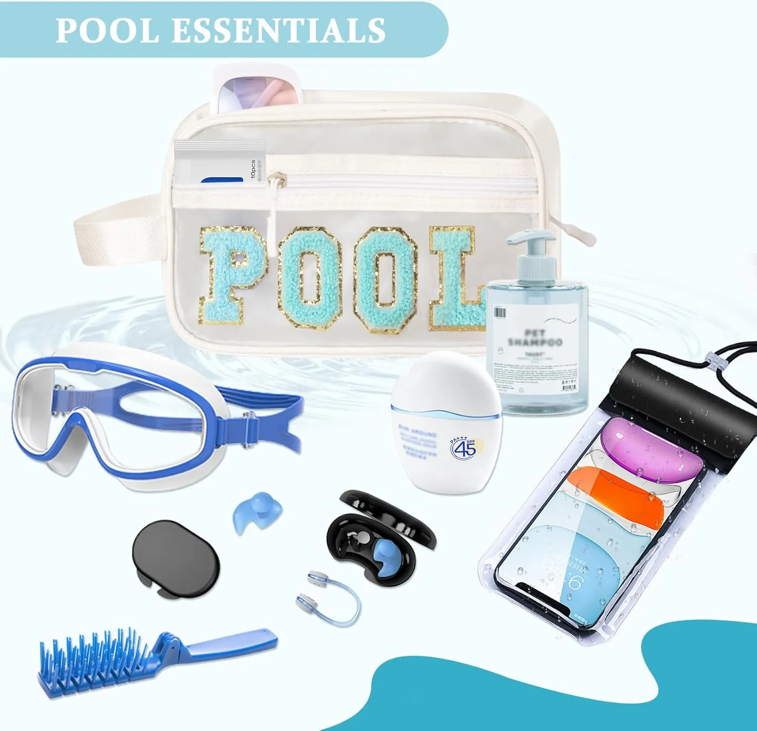 COSHAYSOO Clear POOL Makeup Bag Small Travel Pouch for Women Teenager Girls Pool Accessories Stuff Organizer Preppy Chenille Letter Patch Summer Girly Things