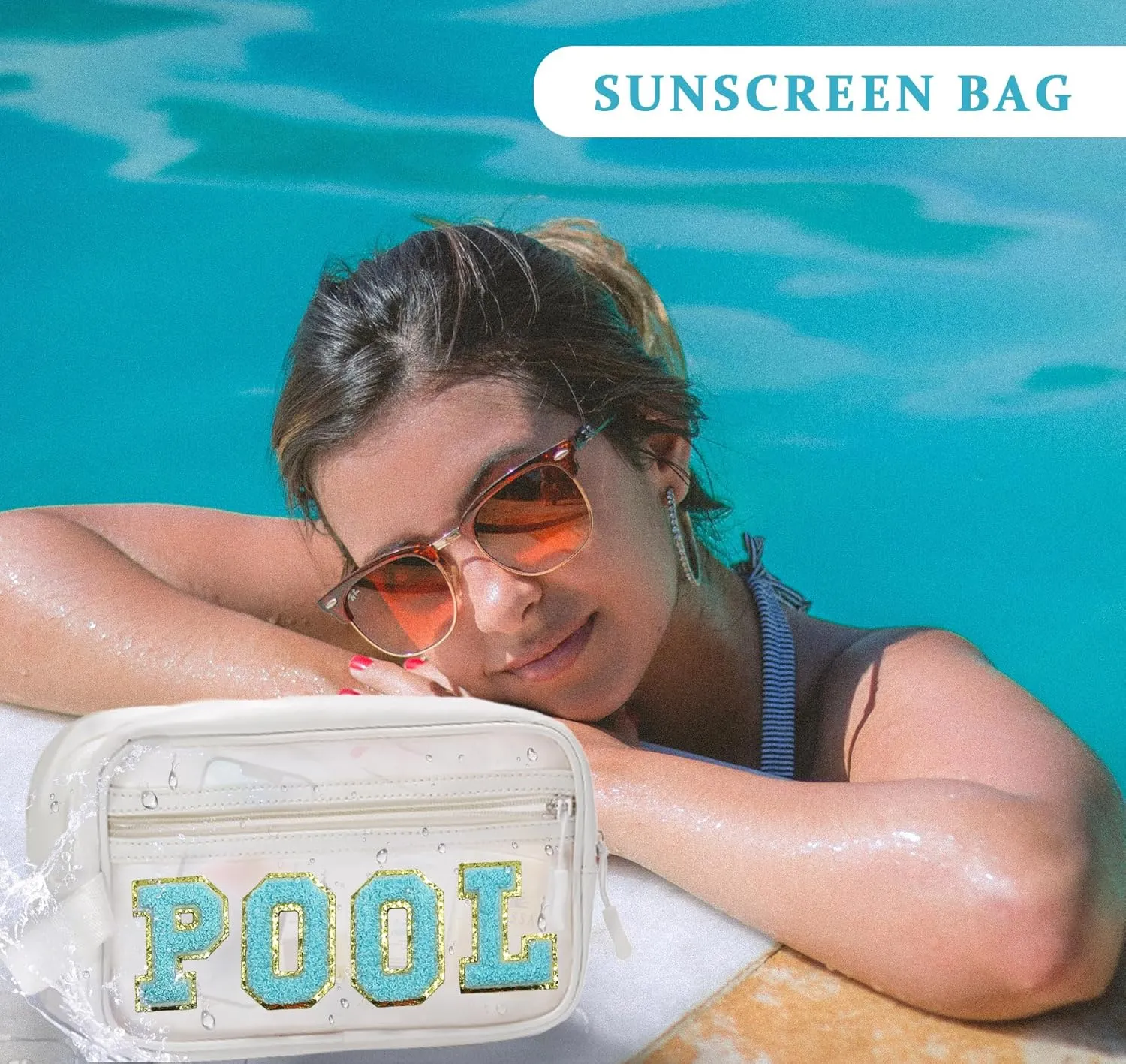 COSHAYSOO Clear POOL Makeup Bag Small Travel Pouch for Women Teenager Girls Pool Accessories Stuff Organizer Preppy Chenille Letter Patch Summer Girly Things