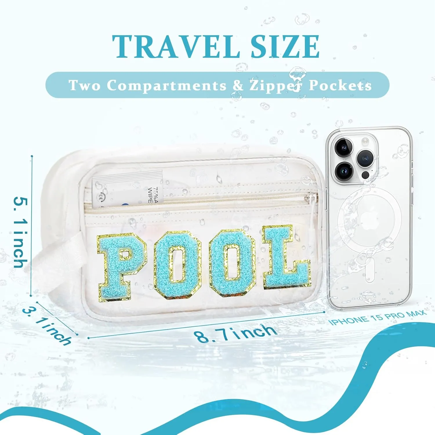 COSHAYSOO Clear POOL Makeup Bag Small Travel Pouch for Women Teenager Girls Pool Accessories Stuff Organizer Preppy Chenille Letter Patch Summer Girly Things