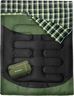 Cotton Flannel Double Sleeping Bag for Adults Machine Washable 2 Person Camping Sleeping Bag Queen Size Waterproof with Compression Sack for Cold Weather 3-4 Seasons