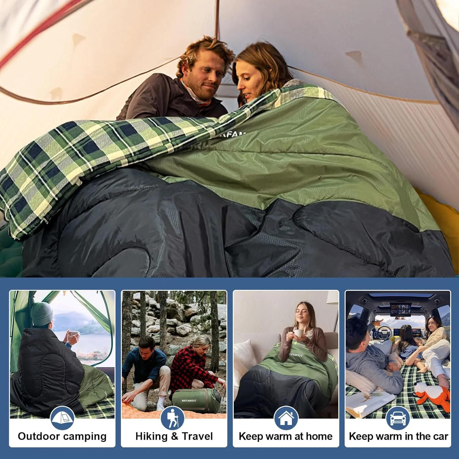 Cotton Flannel Double Sleeping Bag for Adults Machine Washable 2 Person Camping Sleeping Bag Queen Size Waterproof with Compression Sack for Cold Weather 3-4 Seasons