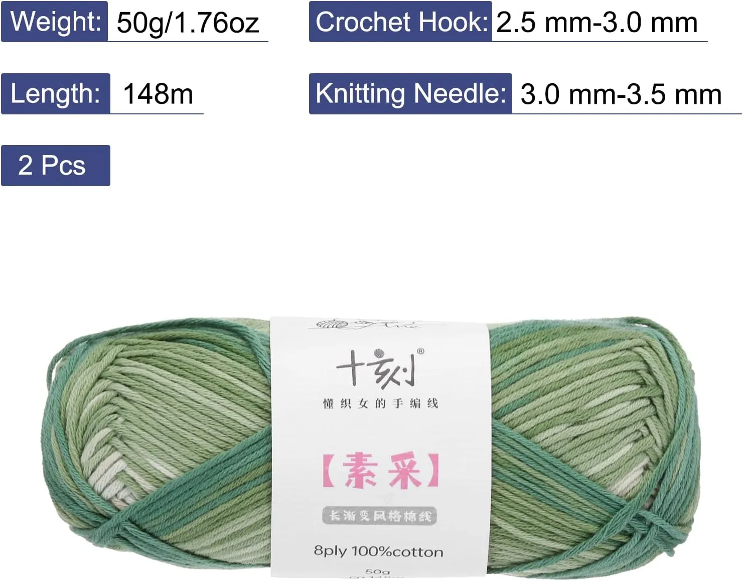 Cotton Yarn,100% Cotton Soft Knitting Yarn [for Hand DIY Bag Cushion Crocheting Knitting Project Home Decor] -2 Packages of 100g/3.52oz(Per Skein 50g/164yards)/Gradient Green