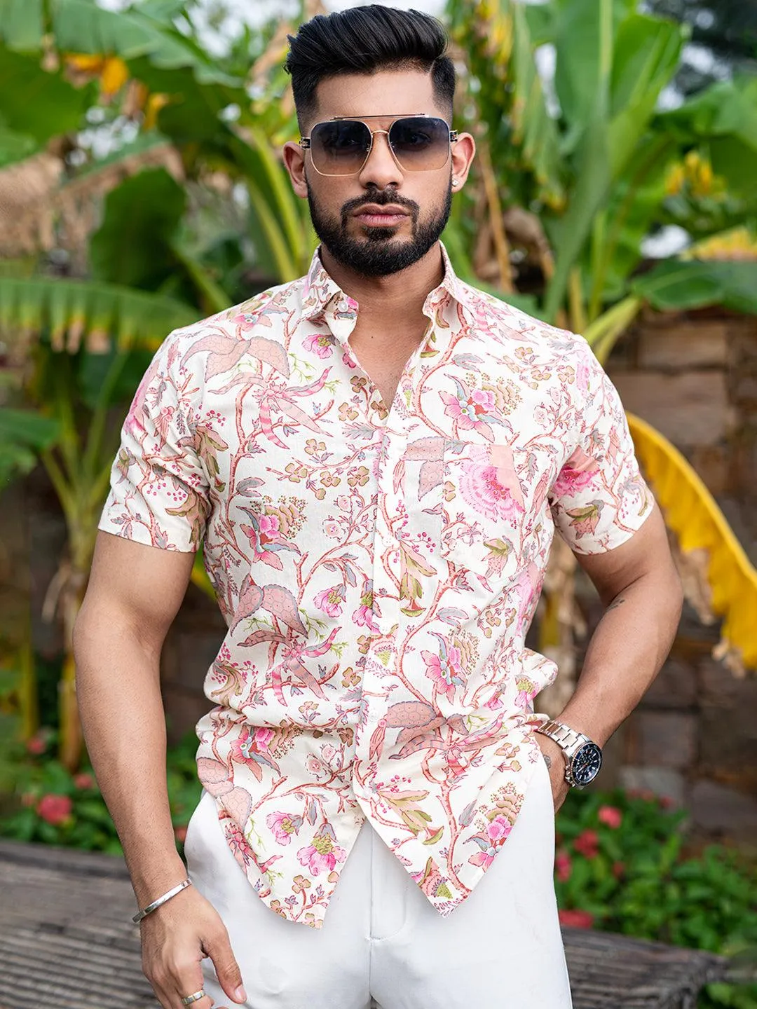 Cream Chintz Printed Half Sleeves Cotton Shirt