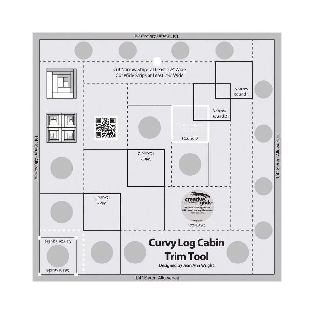 Creative Grids Curvy Log Cabin Trim Tool Quilt Ruler – CGRJAW5 – Made in USA, 8-1/2in x 8-1/2in, Non-Slip Grip Acrylic Quilting, Sewing, Crafting, Patchwork Ruler & Template
