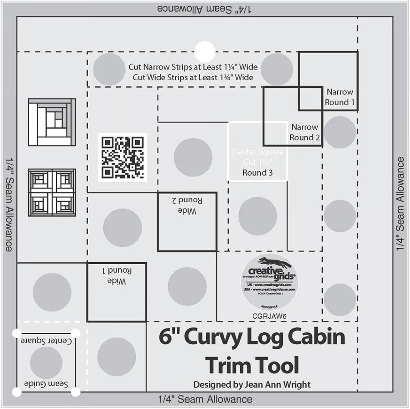 Creative Grids Curvy Log Cabin Trim Tool Quilt Ruler – CGRJAW6 – Made in USA, 6-1/2in x 6-1/2in, Non-Slip Grip Acrylic Quilting, Sewing, Crafting, Patchwork Ruler & Template