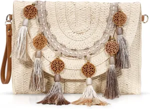Crossbody Bags for Women, Clutch Purses, Straw Beach Bag, Bohemian Handmade Woven Purse, Tassel Handbags for Women Vacation, Travel(Beige)