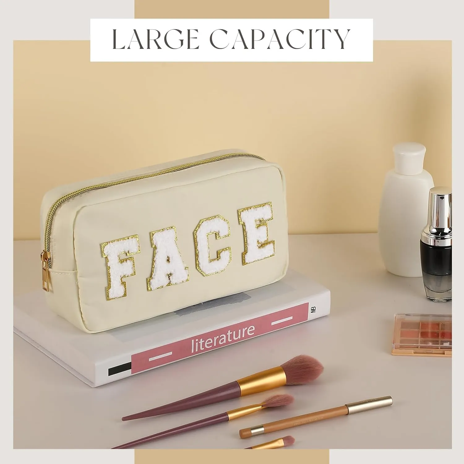 Cunno 4 Pcs Preppy Makeup Bags Chenille Letter Stuff Bag Nylon Cosmetic Pouch Cases with Zipper for Women Travel Toiletry