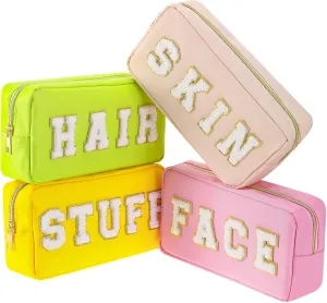 Cunno 4 Pcs Preppy Makeup Bags Chenille Letter Stuff Bag Nylon Cosmetic Pouch Cases with Zipper for Women Travel Toiletry