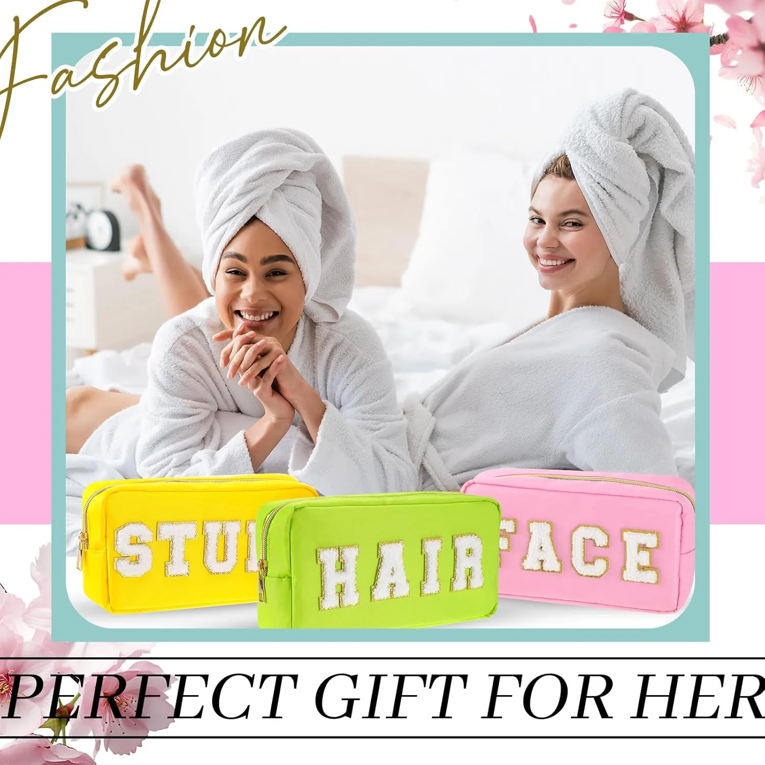 Cunno 4 Pcs Preppy Makeup Bags Chenille Letter Stuff Bag Nylon Cosmetic Pouch Cases with Zipper for Women Travel Toiletry