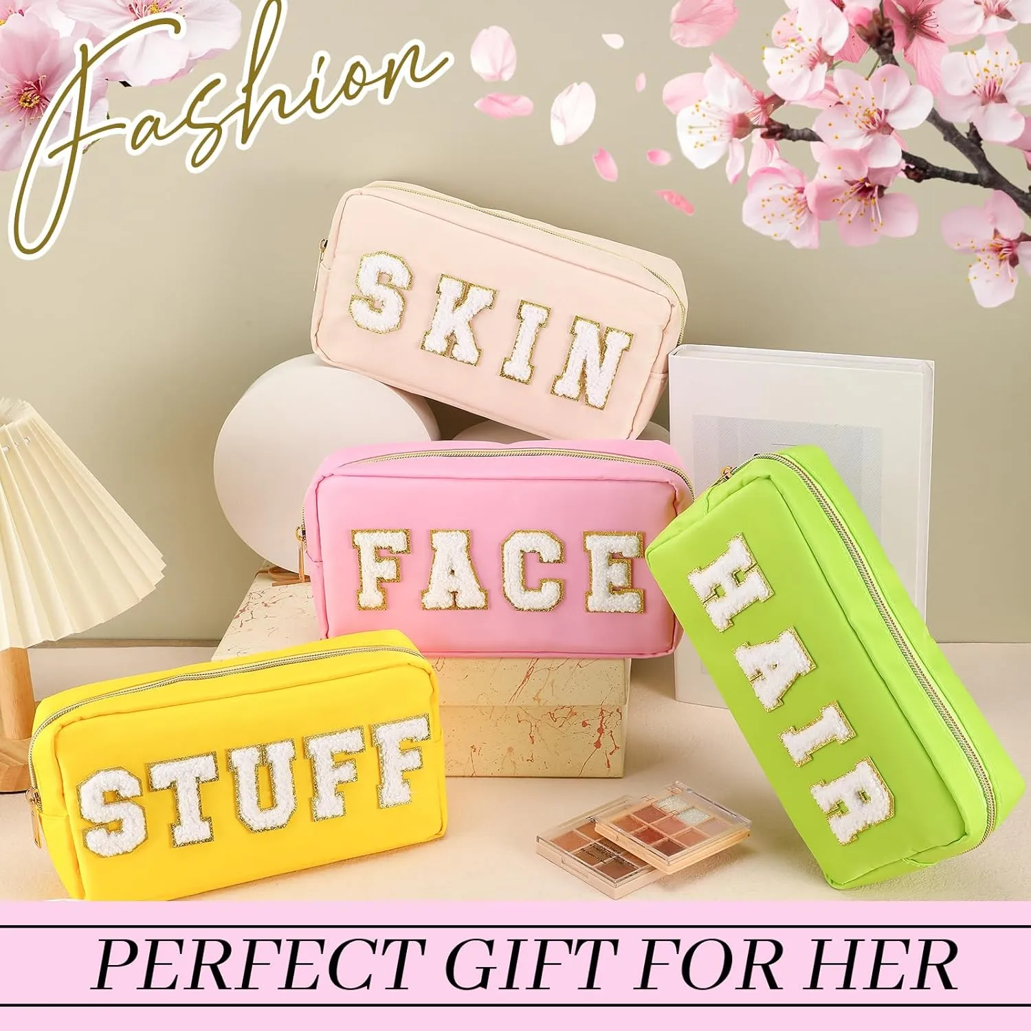 Cunno 4 Pcs Preppy Makeup Bags Chenille Letter Stuff Bag Nylon Cosmetic Pouch Cases with Zipper for Women Travel Toiletry