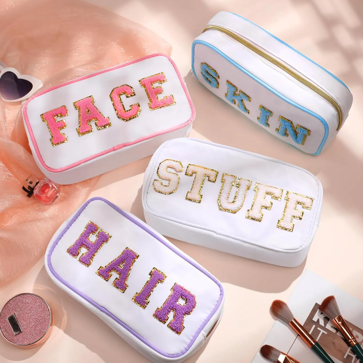 Cunno 4 Pcs Preppy Makeup Bags Chenille Letter Stuff Bag Nylon Cosmetic Pouch Cases with Zipper for Women Travel Toiletry