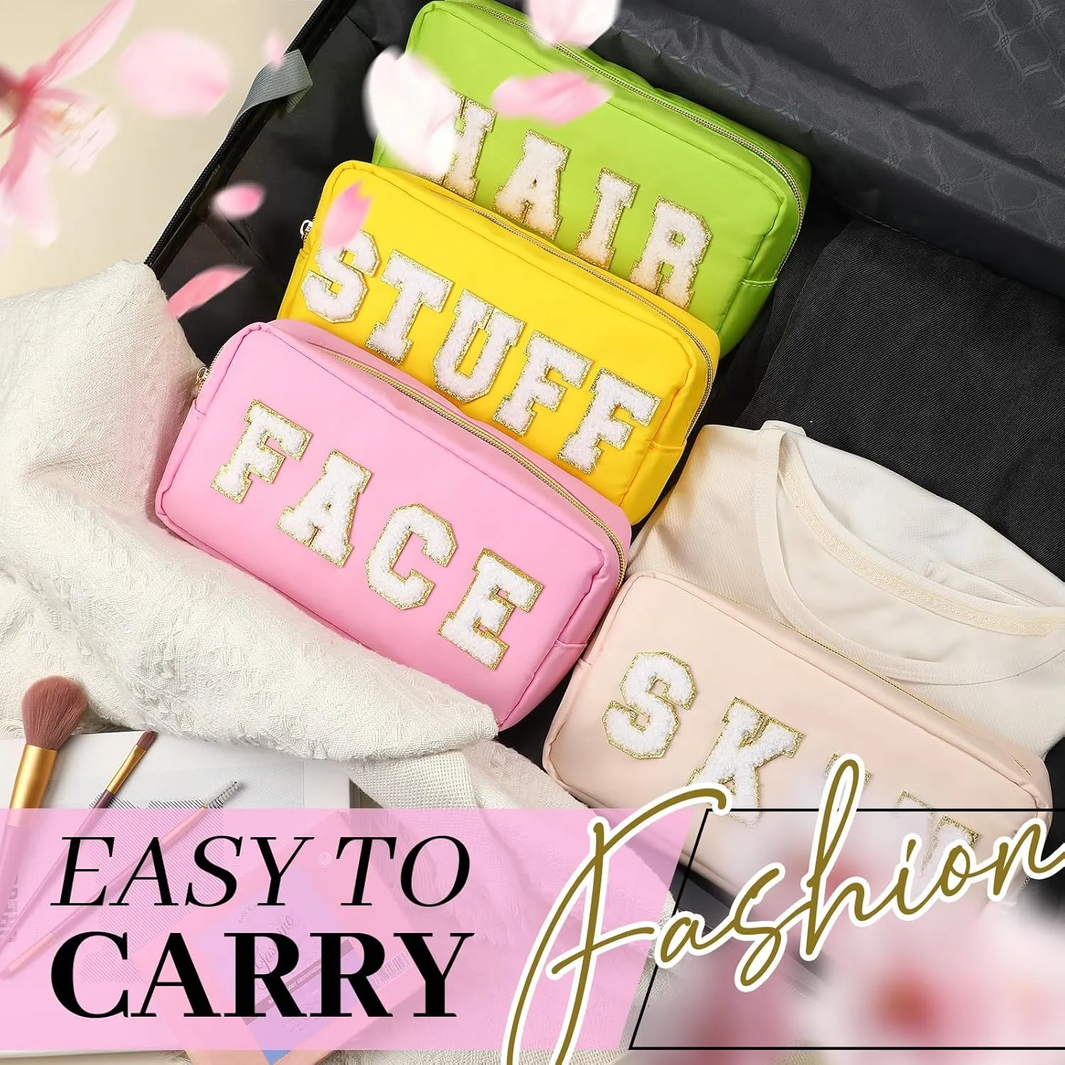 Cunno 4 Pcs Preppy Makeup Bags Chenille Letter Stuff Bag Nylon Cosmetic Pouch Cases with Zipper for Women Travel Toiletry