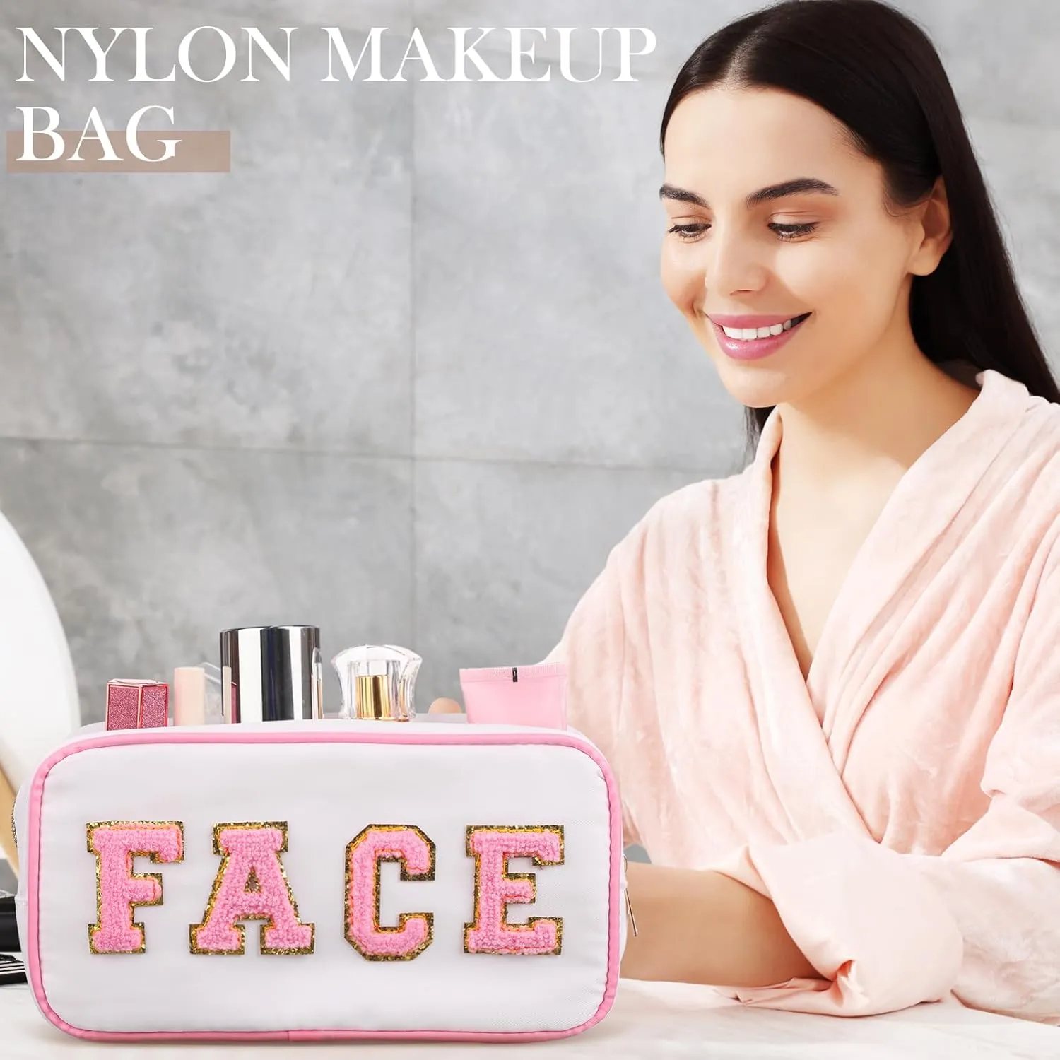 Cunno 4 Pcs Preppy Makeup Bags Chenille Letter Stuff Bag Nylon Cosmetic Pouch Cases with Zipper for Women Travel Toiletry